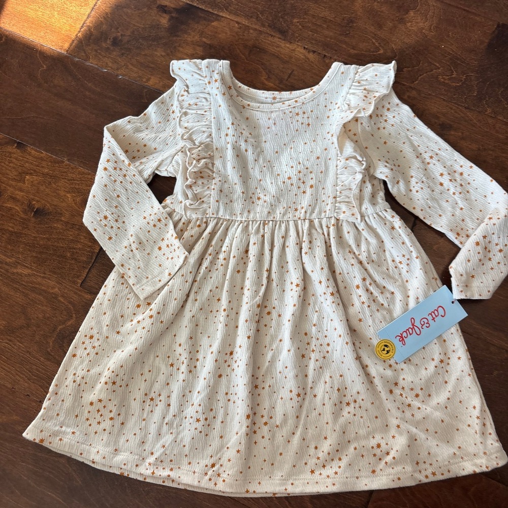 Cat and Jack Girls 2T Dress Long Sleeve Ruffle Star Gold Cream NEW - Picture 2 of 6